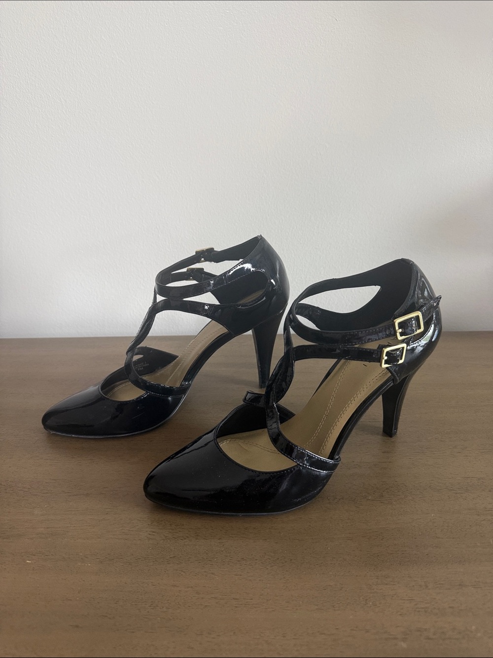 Tahari Black Patent Strappy T-Strap Heels with Gold Buckles